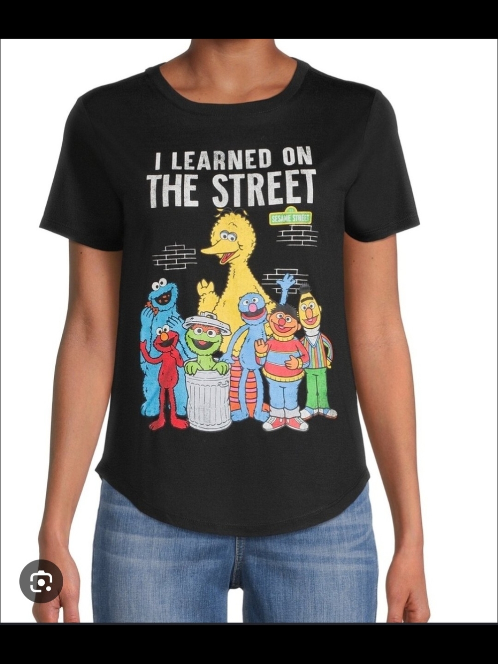 Sesame Street Black Tee with Colorful Character Graphic